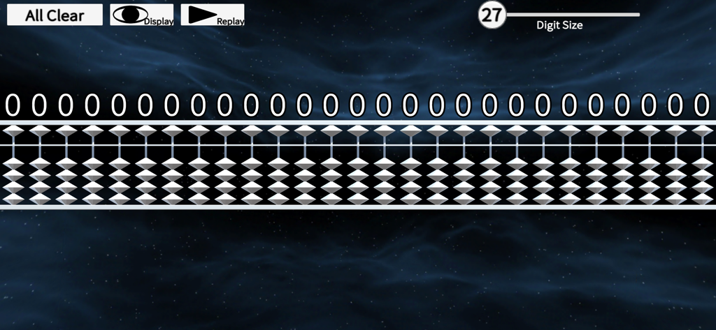 Abacus 2.0 - Digital abacus interface with 27 digits and numeric display on a starry background.