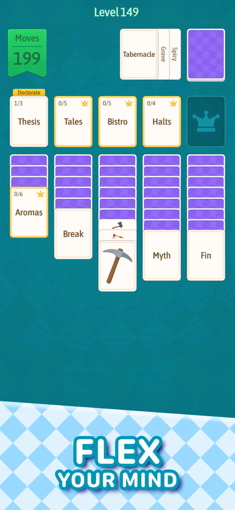 Gameplay screen of Solitaire Word Quest showing word association cards in a solitaire layout with the text Flex Your Mind.