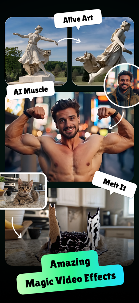 Ai Kiss Video Maker : Picfy - Écran de l'application Picfy montrant les effets vidéo AI Muscle et Alive Art.