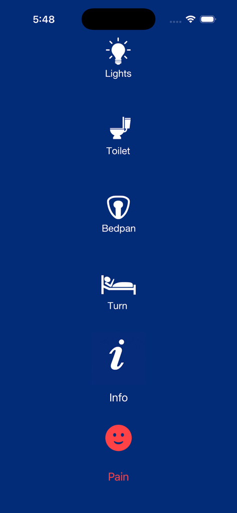 Mobile app interface showing simple icons for non-verbal communication requests including lights toilet bedpan turn info and pain