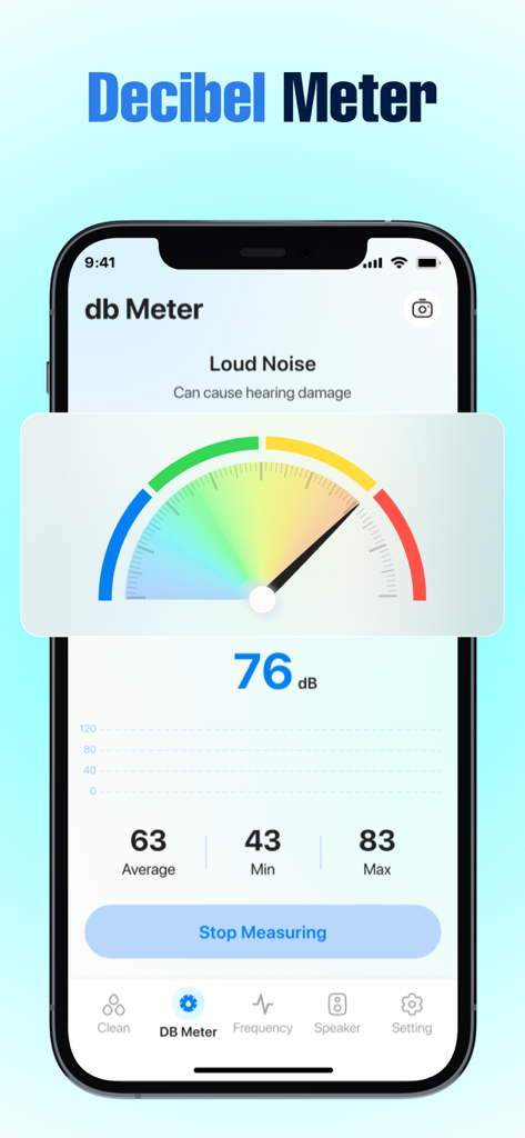 Water Eject: Speaker Cleaner. - Interfaccia dell'app Water Eject che mostra la funzione Fonometro che misura un livello di rumore di 76 decibel