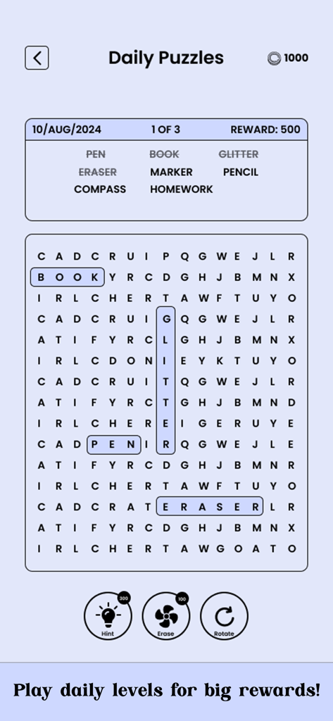 Word Search - Super Hard - Interfaz de Puzles Diarios en la aplicación móvil Word Search Super Hard, mostrando una cuadrícula y una lista de palabras.