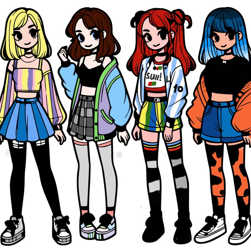 one girl with crop-top shirt and a jacket with a skirt, long socks and another girl with a shirt and pants with a jacket