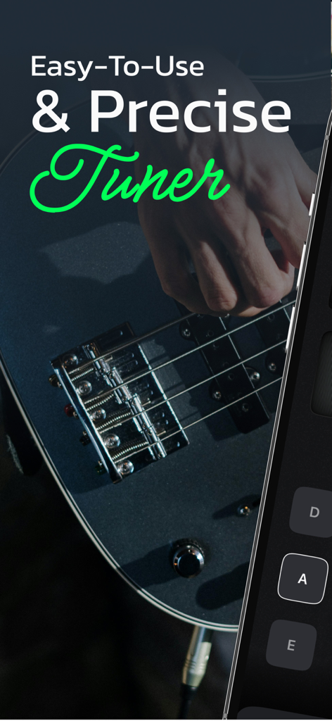 Guitar Tuner - Stringo - Gros plan d'une main jouant d'une basse avec une superposition de texte soulignant l'accordeur facile à utiliser et précis.