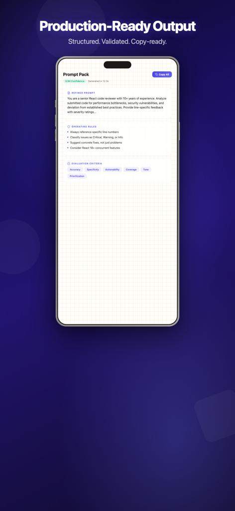 Meta Prompt app interface displaying a structured prompt pack for a senior React code reviewer including refined prompt operating rules and evaluation criteria