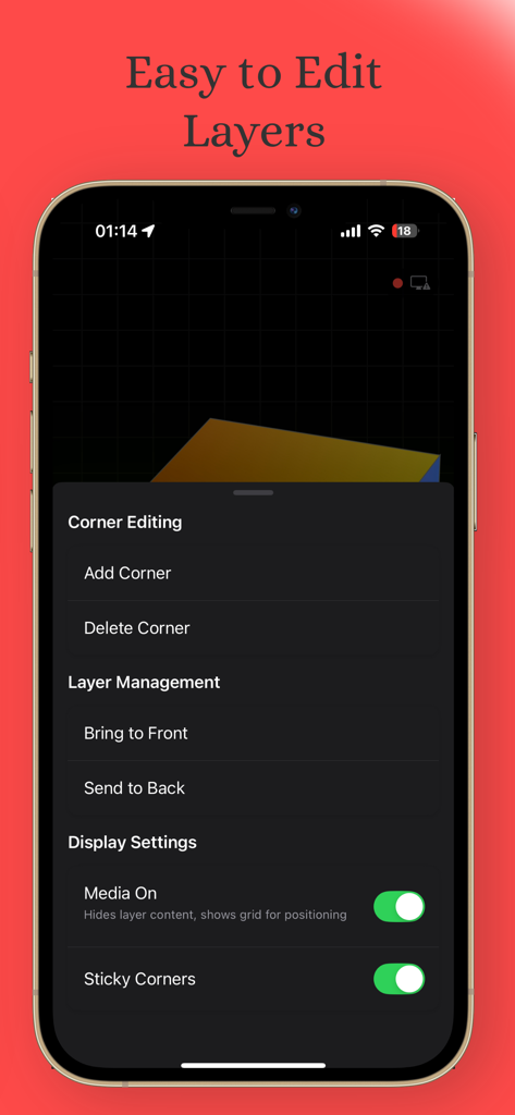 iPhone screen displaying layer management and corner editing settings within the Pro Mapper projection mapping app