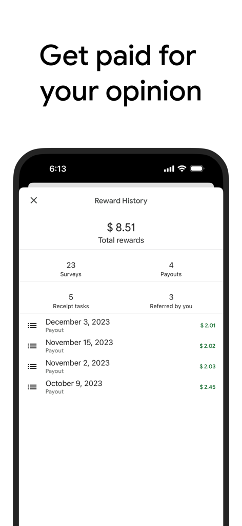 Google Opinion Rewards - Google Opinion Rewards app interface displaying the Reward History screen with total earnings and a list of survey payouts