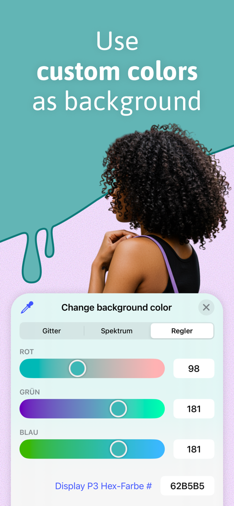 Portrait of a woman with a teal background being edited using color sliders in the AI Studio app.