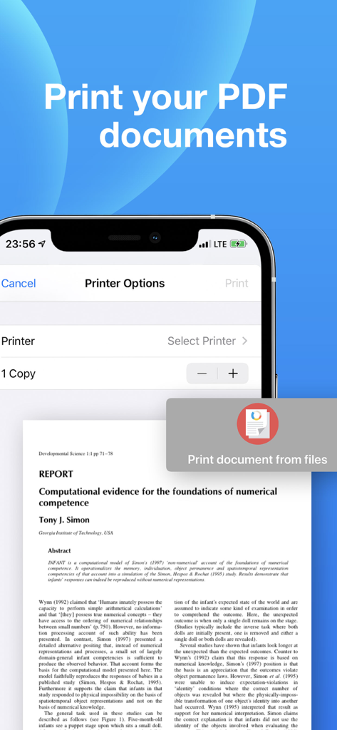 Smart Printer App-Oberfläche auf einem iPhone, die eine PDF-Dokumentenvorschau und Druckeinstellungen anzeigt.