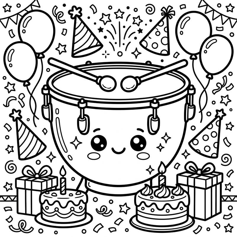 Dive into a joyous celebration with this adorable Kawaii Timpani drum coloring page, perfect for anyone who loves music and parties. Featuring charming birthday elements, this design promises hours of delightful coloring fun.