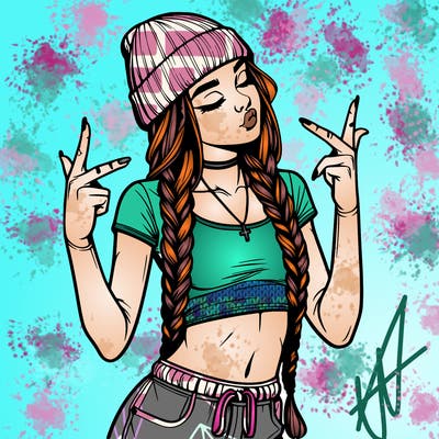 realistic teenage girl with braids and a beanie and crop top doing 🫶🏼