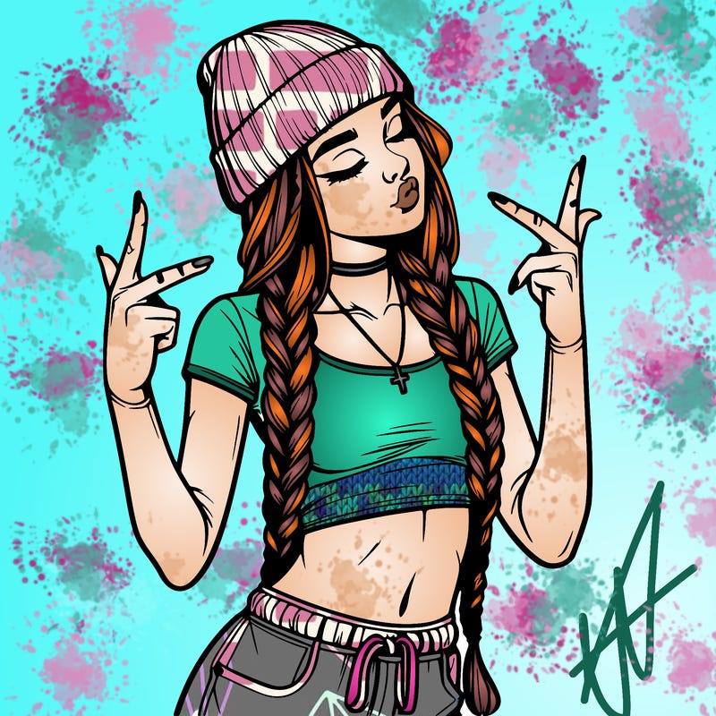 realistic teenage girl with braids and a beanie and crop top doing 🫶🏼