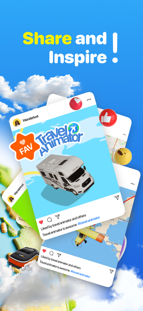 TravelAnimator: Journey Route - マップ上の3Dキャンピングカーと飛行機、そして「共有とインスピレーション」というスローガン付きのアニメーション旅行ルートを示すソーシャルメディア風の投稿