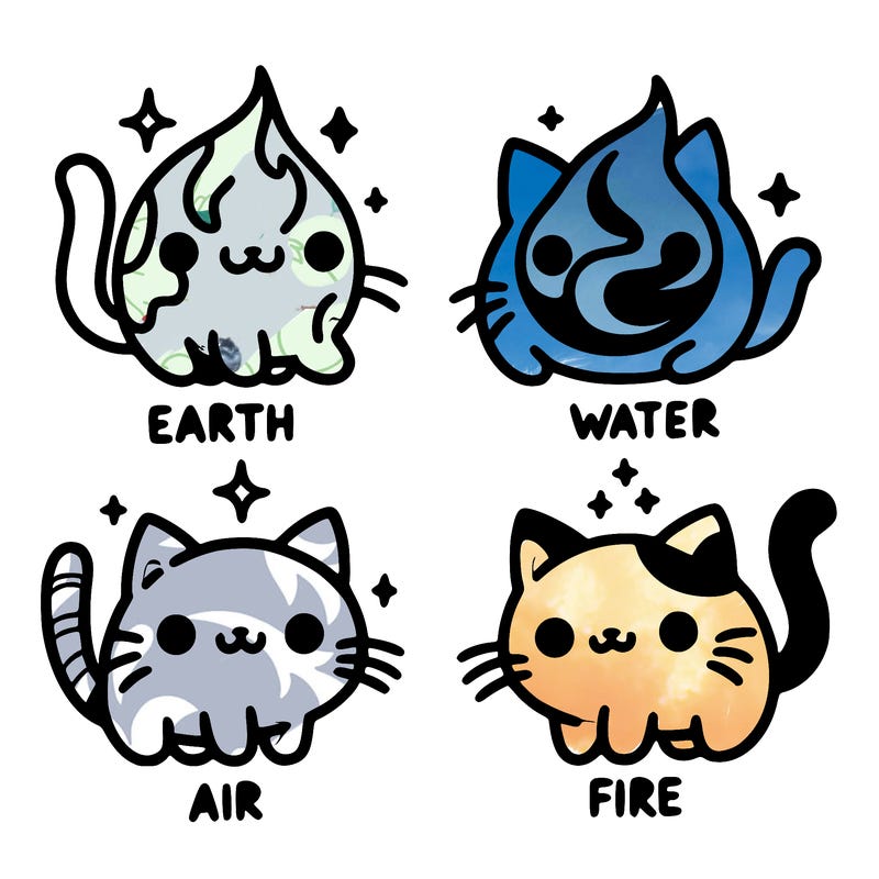 4 cats that represent the different elements, earth, water, air, and fire
