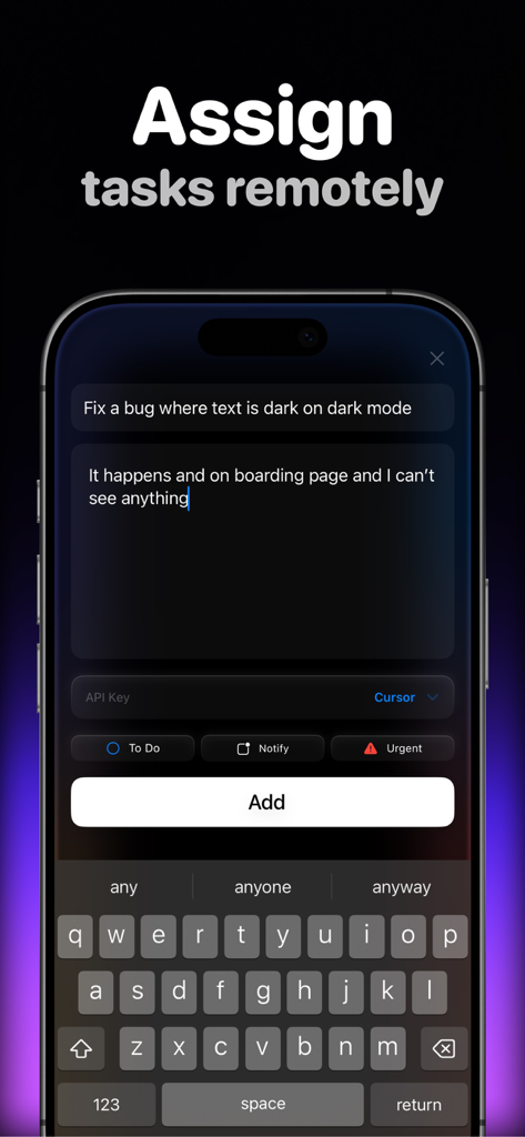 MCP Client - iPhone screen of MCP Client app for remote task assignment with priority options