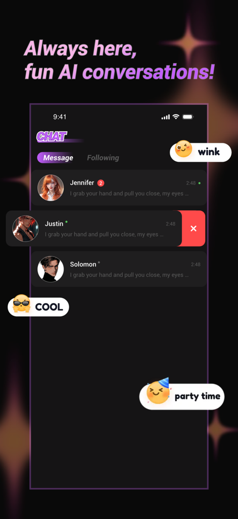Cupid AI: Virtual Companion - A mobile screen showing the chat interface of Cupid AI with virtual characters and fun emoji reactions.