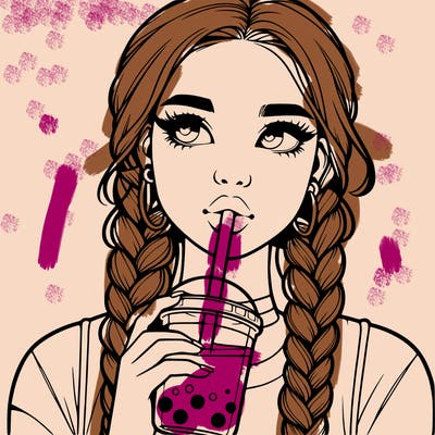 realistic girl with braided hair drinking boba