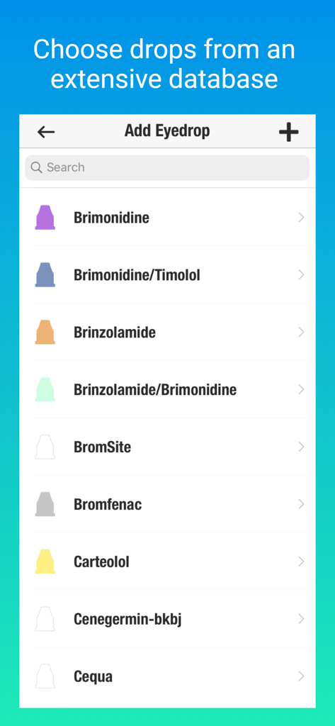 EyeDropAlarm app screen showing a list of eyedrop medications with colored bottle cap icons for easy selection