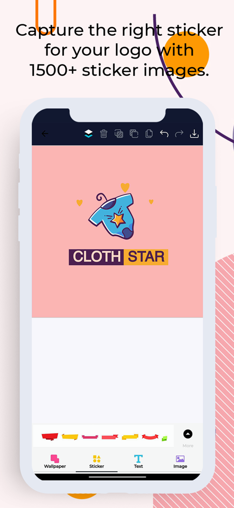 Logo Creator - Logo Maker - Interfaz de la aplicación Logo Creator mostrando la creación de un logo de marca de ropa utilizando varias opciones de pegatinas