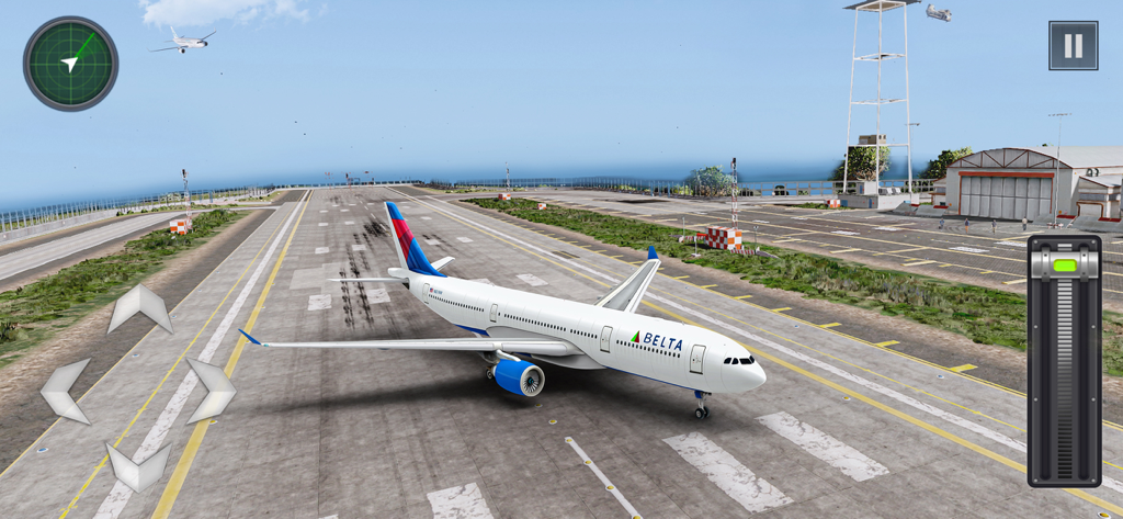 Plane Simulator: Airplane - A white commercial airliner on an airport runway with mobile game controls and radar UI
