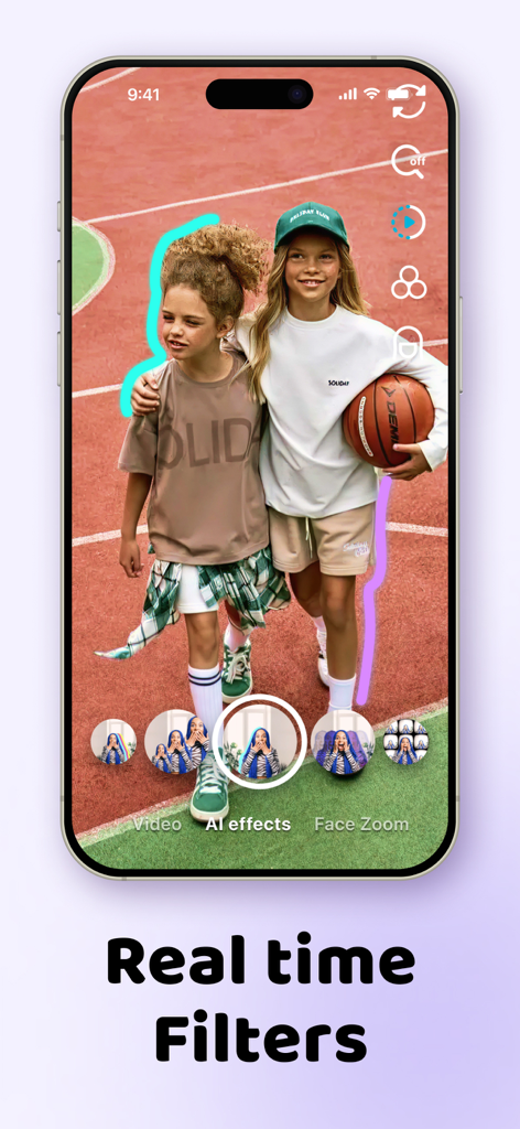 Zoomerang app interface showing real time AI video filters with neon outlines on subjects