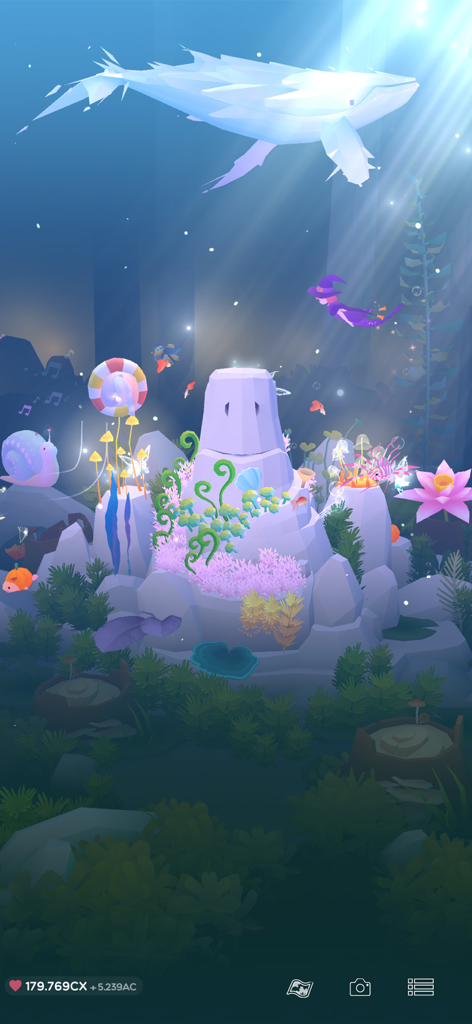 Tap Tap Fish - AbyssRium - A peaceful underwater aquarium scene with a glowing white whale and vibrant corals