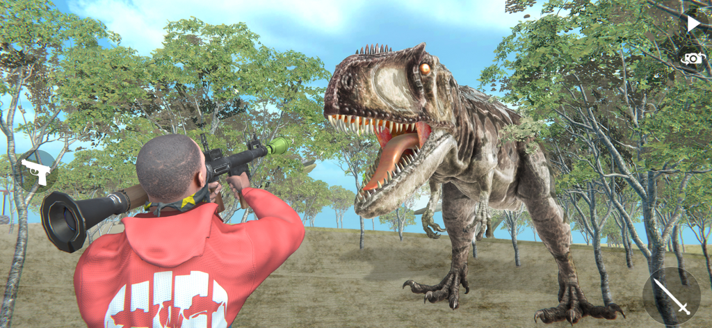Indian Bike Driving Simulator - Un personaje con una sudadera roja apuntando con una bazuca a un T-Rex en un entorno de bosque.