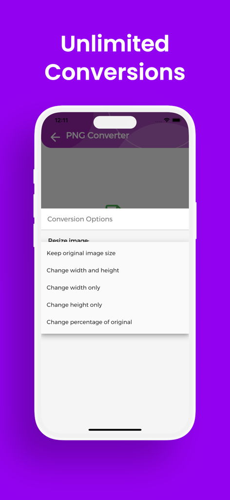 PNGコンバーターアプリのインターフェース。画像リサイズメニューオプションと無制限変換テキストを表示しています。
