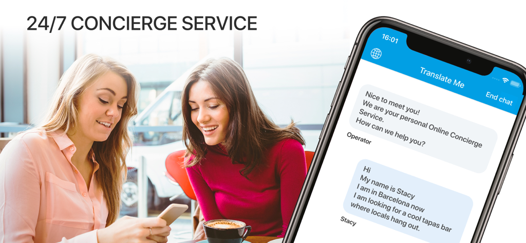 Translate Me - Live Translator - Travel concierge service chat on the Translate Me app screen