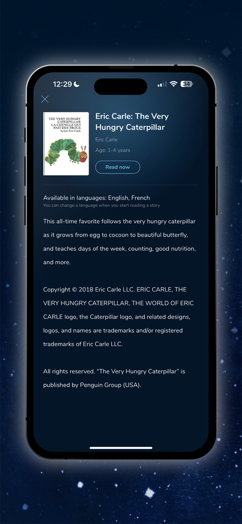 Moonlite - Storytime Projector - Interface of Moonlite app showing The Very Hungry Caterpillar story details.
