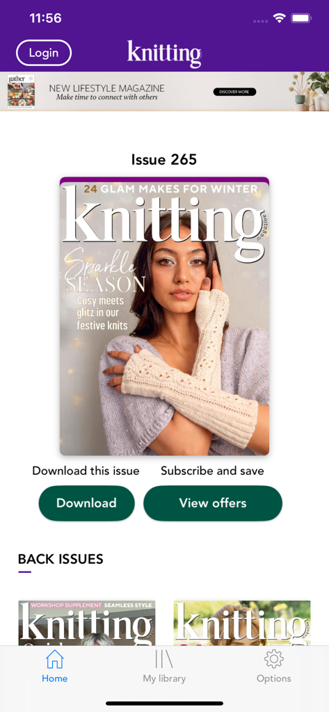 Knitting Magazine - Tela inicial do aplicativo Knitting Magazine mostrando a última edição com padrões de tricô da moda e opções de assinatura