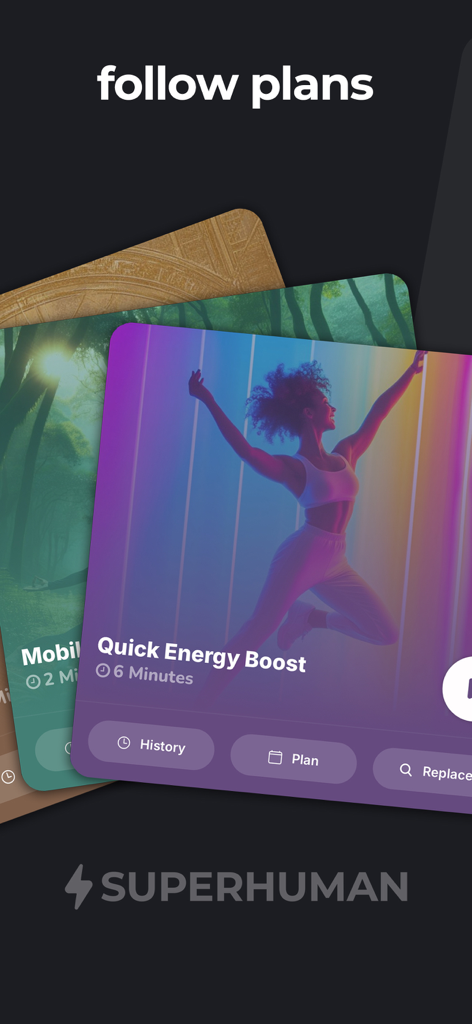 SUPERHUMAN. - Interfaz de la aplicación Superhuman que muestra planes diarios de estilo de vida y fitness, incluyendo un impulso rápido de energía.