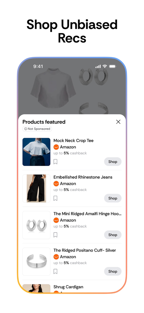 Interface of Findies app showing a list of unbiased product recommendations with cashback offers from Amazon