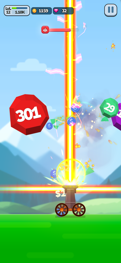 A cannon firing a powerful vertical laser beam at falling numbered balls in Ball Blast Cannon Blitz Mania