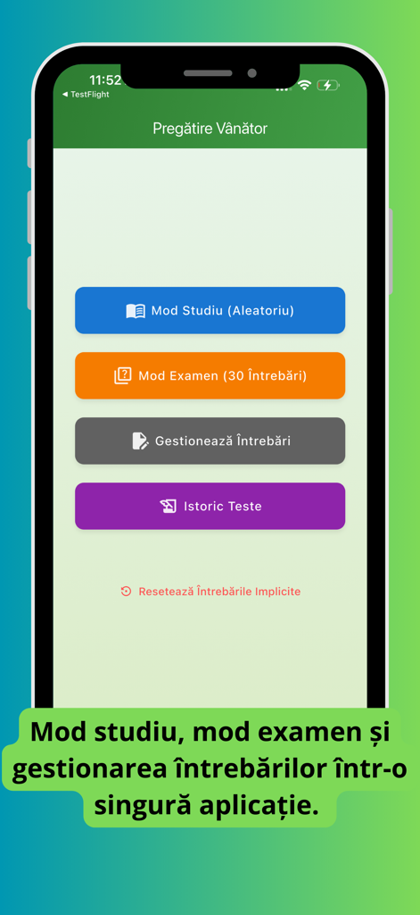 Main interface of the Romanian hunter exam app showing study and exam modes.