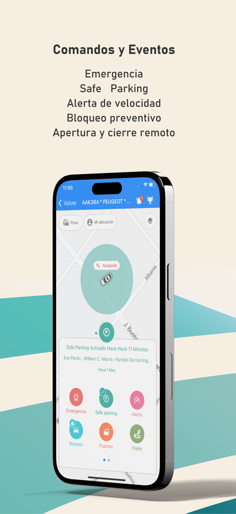 Interfaz de la aplicación Flota Segura que muestra el mapa de rastreo de vehículos y comandos remotos para la gestión de flotas