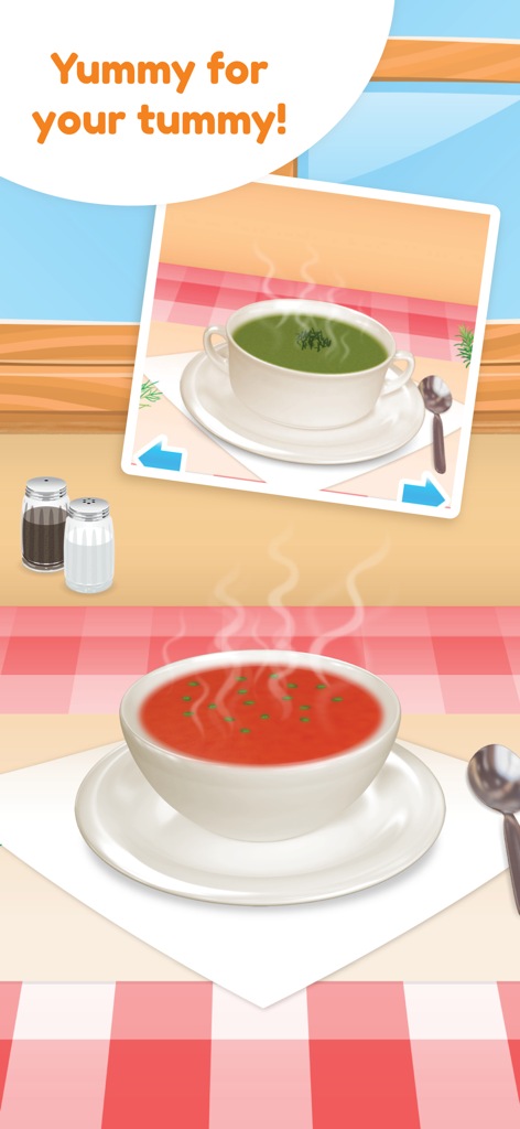 A steaming bowl of tomato soup and a photo of green soup in the Soup Maker Deluxe game
