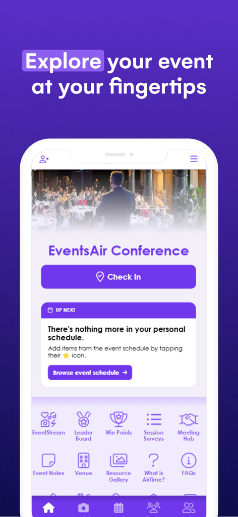 Tela inicial do The Event App por EventsAir mostrando um painel de conferência com um botão de check-in, seção de agenda e vários ícones de utilidade como hub de reuniões e ranking.