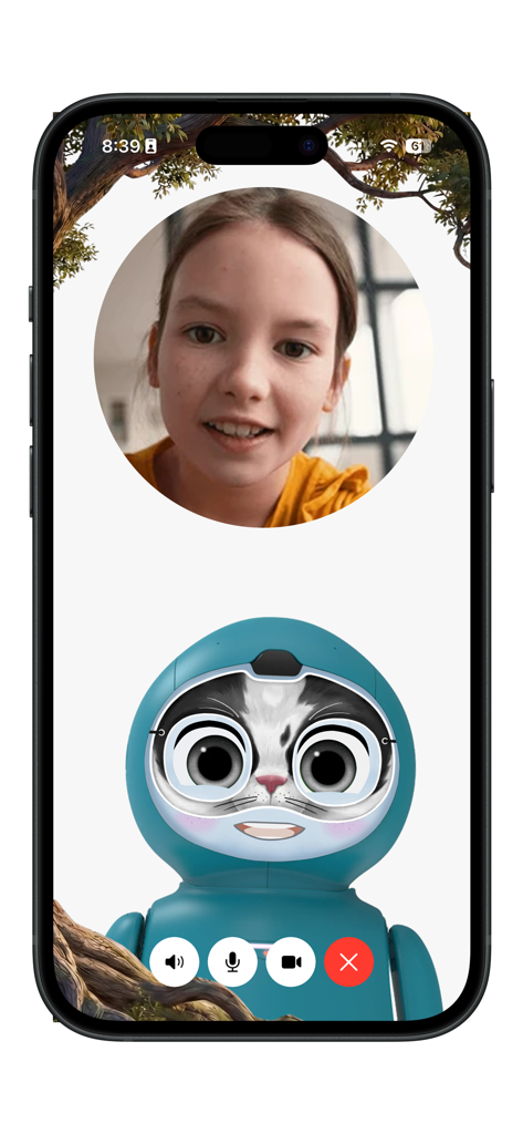 Moxie Robot App - A young girl and the Moxie AI robot interacting during a video call on a smartphone screen.
