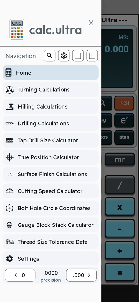 The navigation menu of the CNC Machinist Calculator Ultra app showing different machining calculation options