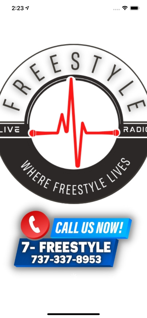 Freestyle Live Radio - Freestyle Live Radio logo featuring a red heartbeat microphone icon and a Call Us Now button with a phone number