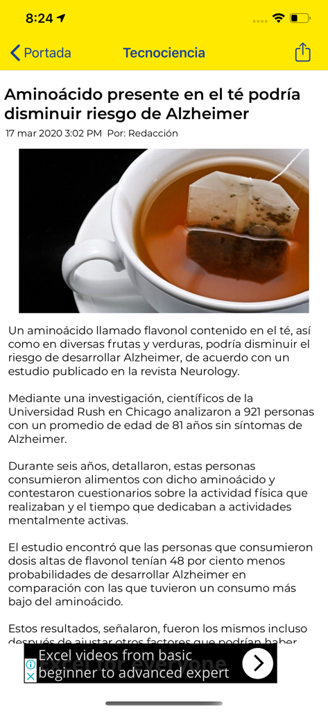 xeu Noticias - Screenshot of the xeu Noticias mobile app displaying a science news article about the benefits of tea