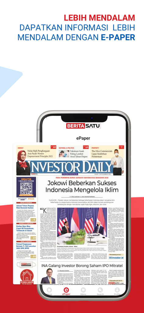 BeritaSatu muestra el periódico electrónico Investor Daily en la pantalla de un teléfono inteligente