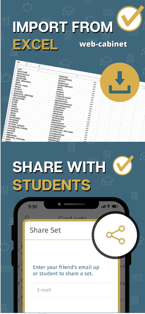 MemoWord: My FlashCards Maker - An illustration showing how to import vocabulary from Excel and share flashcard sets with students