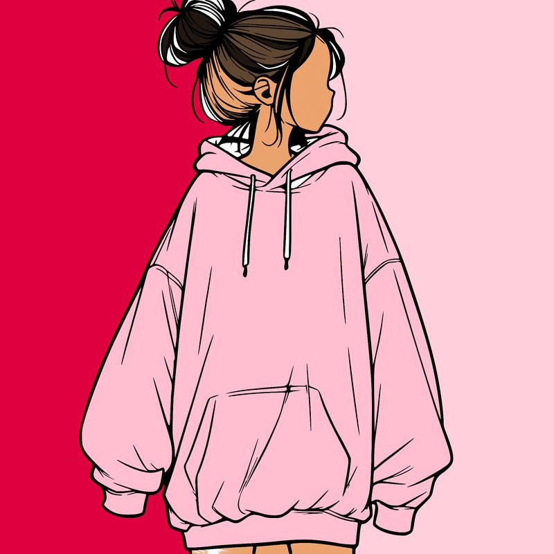 realistic girl with a oversized sweatshirt on and a bun
