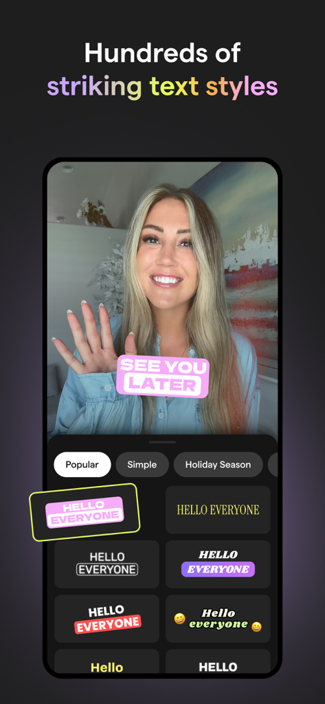 Mojo App-Oberfläche, die eine Vielzahl von auffälligen Textstilen und Effekten für Social-Media-Videos zeigt