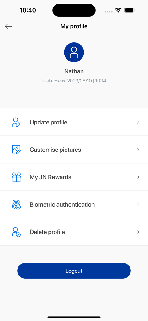OneJN - User profile settings screen in the OneJN app showing options for biometric authentication, rewards, and profile updates.