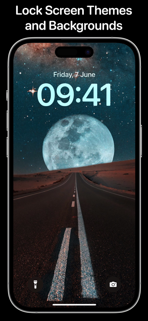 Blocco schermo iPhone che mostra uno sfondo di alta qualità di una strada nel deserto e la luna dall'app Everpix