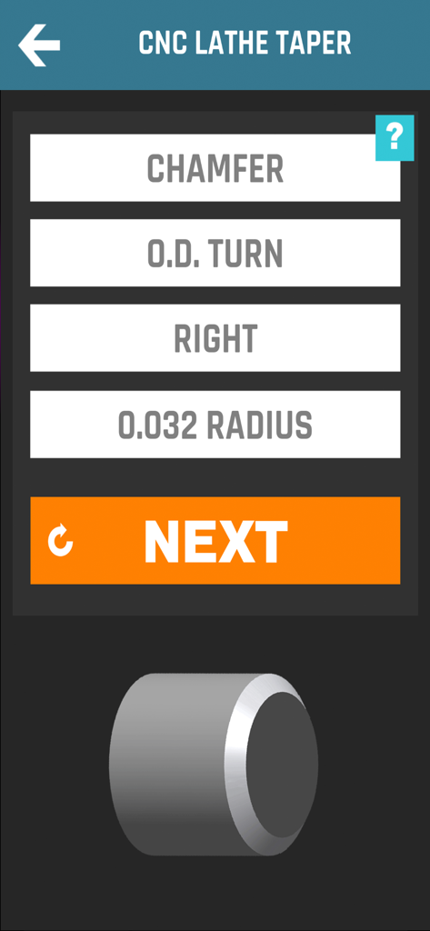 CNC Machinist Calculator Pro - CNC Machinist Calculator Pro app screen for lathe taper and chamfer settings