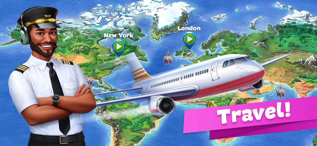 A pilot character standing next to a commercial plane flying over a world map with travel destinations.